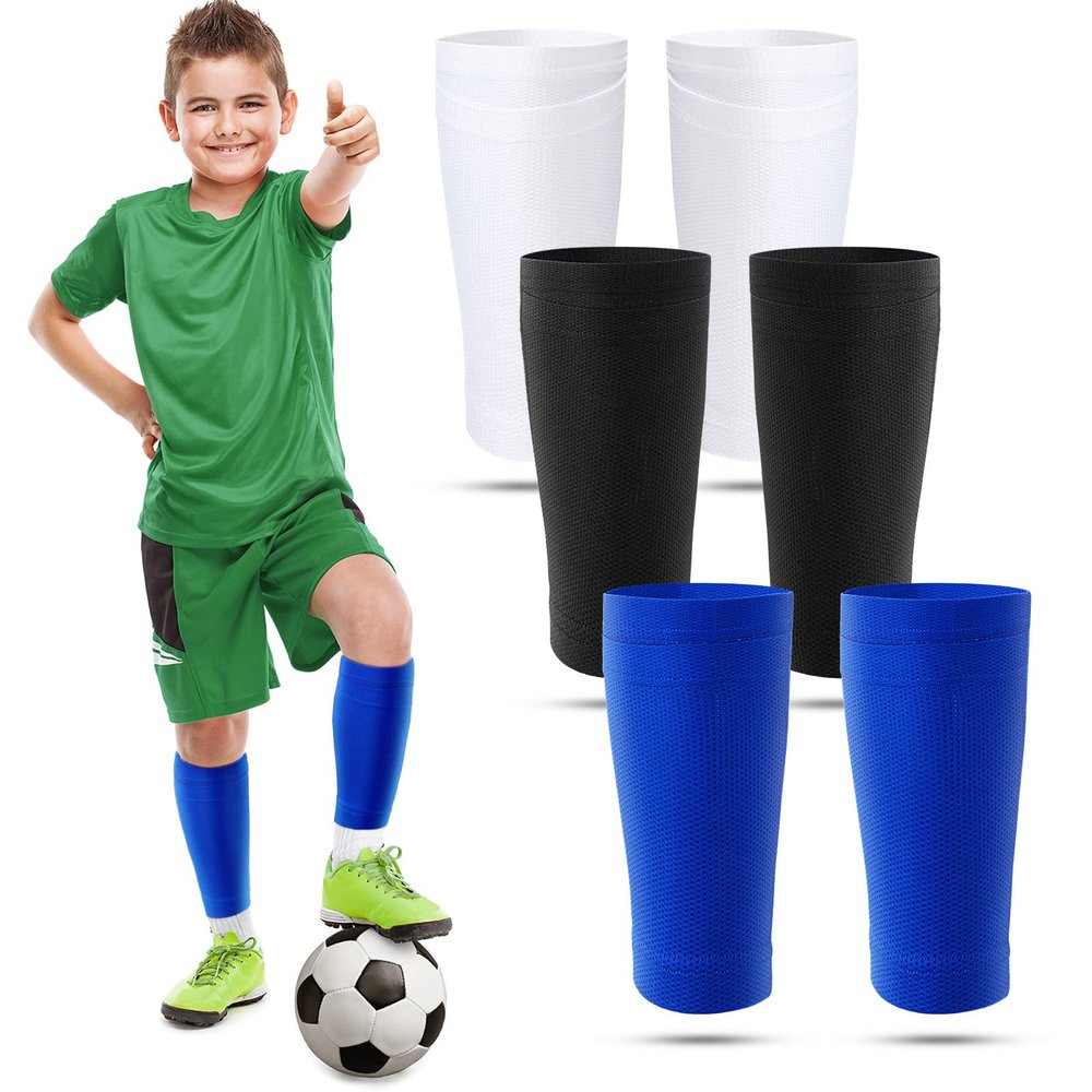 Boyiee 3 Pairs Kids Shin Guard Sleeves Youth Soccer Shin Guard Socks Breathable Calf Covers Holders Soccer Socks with Pockets(White, Black, Blue,Small)