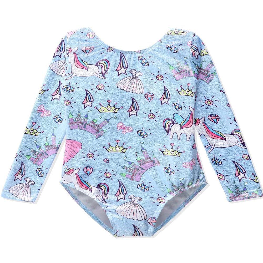 HOZIY Unicorn Leotards for Girls Gymnastics Long Sleeve Sleeved Outfits Spandex Castle Size 8-9 8-10 9-10 Years Old Dress Diamond Crown Shiny