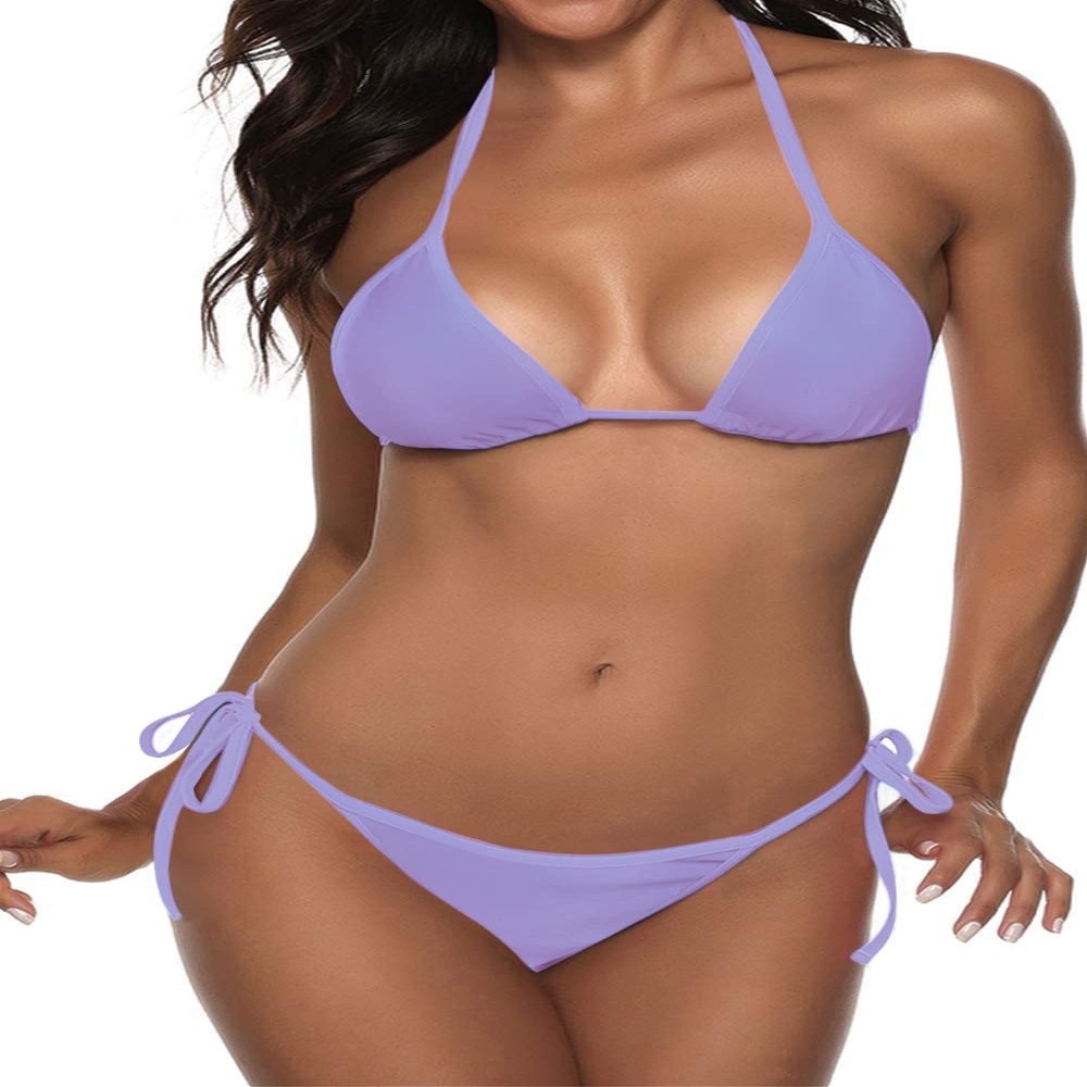 Women Two Piece Swimsuit Sexy Swimwear Halter String Triangle Bikini Sets Purple L