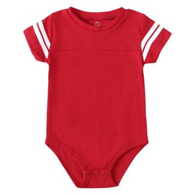 ROMPERINBOX Baby Football Jersey Onsies Raglan Bodysuit Customized Newborn Unisex Solid Sport Teams Romper with Contrasting Sleeve Stripes(Red,0-3 Months)