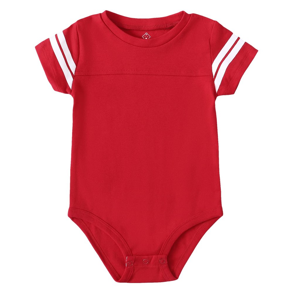 ROMPERINBOX Baby Football Jersey Onsies Raglan Bodysuit Customized Newborn Unisex Solid Sport Teams Romper with Contrasting Sleeve Stripes(Red,0-3 Months)