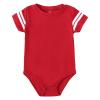 ROMPERINBOX Baby Football Jersey Onsies Raglan Bodysuit Customized Newborn Unisex Solid Sport Teams Romper with Contrasting Sleeve Stripes(Red,0-3 Months) view 1