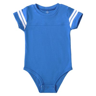 ROMPERINBOX Baby Football Jersey Onsies Raglan Bodysuit Customized Newborn Unisex Solid Sport Teams Romper with Contrasting Sleeve Stripes(Blue,0-3 Months)