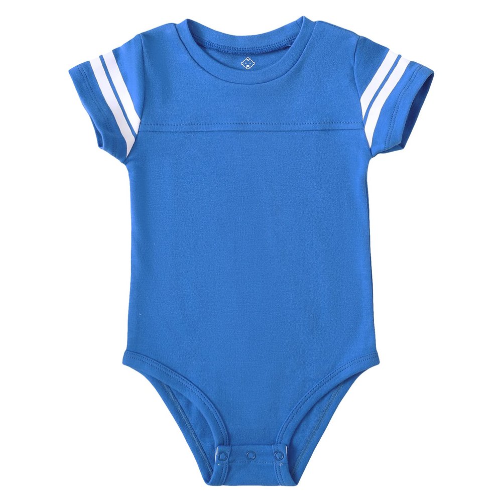 ROMPERINBOX Baby Football Jersey Onsies Raglan Bodysuit Customized Newborn Unisex Solid Sport Teams Romper with Contrasting Sleeve Stripes(Blue,0-3 Months)