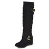 Bcshiye Women's Knee High Low Hidden Wedge Boots Buckle Straps Comfort Wide Calf Flat Slouch Cowboy Cowgirl Long Boots view 1