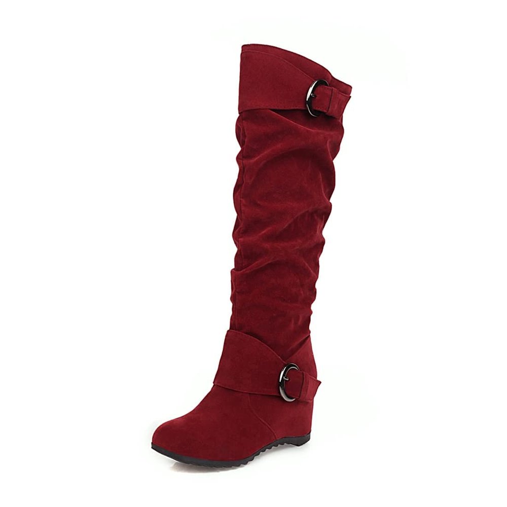 Bcshiye Women's Knee High Low Hidden Wedge Boots Buckle Straps Comfort Wide Calf Flat Slouch Cowboy Cowgirl Long Boots
