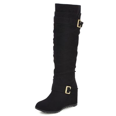 Bcshiye Women's Knee High Low Hidden Wedge Boots Buckle Straps Comfort Wide Calf Flat Slouch Cowboy Cowgirl Long Boots