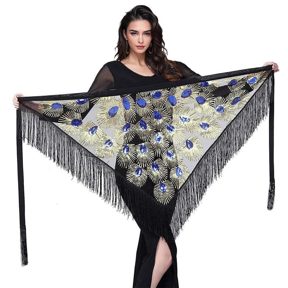 Women Belly Dance Hip Scarf Triangle Belt Skirt with Fringe (Blue)