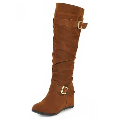 Bcshiye Women's Knee High Low Hidden Wedge Boots Buckle Straps Comfort Wide Calf Flat Slouch Cowboy Cowgirl Long Boots