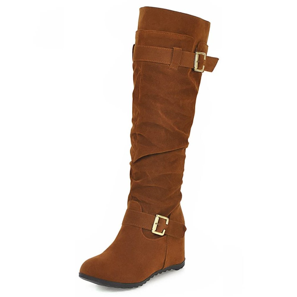 Bcshiye Women's Knee High Low Hidden Wedge Boots Buckle Straps Comfort Wide Calf Flat Slouch Cowboy Cowgirl Long Boots