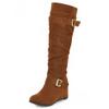 Bcshiye Women's Knee High Low Hidden Wedge Boots Buckle Straps Comfort Wide Calf Flat Slouch Cowboy Cowgirl Long Boots view 1