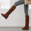 Bcshiye Women's Knee High Low Hidden Wedge Boots Buckle Straps Comfort Wide Calf Flat Slouch Cowboy Cowgirl Long Boots view 2