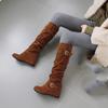 Bcshiye Women's Knee High Low Hidden Wedge Boots Buckle Straps Comfort Wide Calf Flat Slouch Cowboy Cowgirl Long Boots view 4
