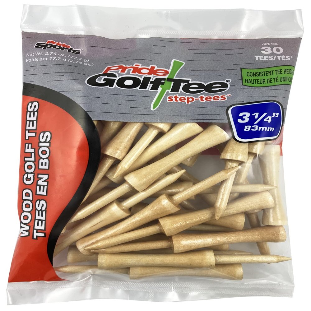Pride Performance Wood Golf Tees - 30 Count, 3-1/4 Inch Step Tee - #1 Brand on The Tour - Best for Drivers & Woods - Ensure Consistent Tee Height