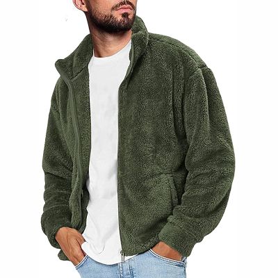 Men's Open Front Fuzzy Sherpa Cardigans Sweaters Full Zip Up Soft Cozy Jackets Warm Vintage Outerwears Army Green