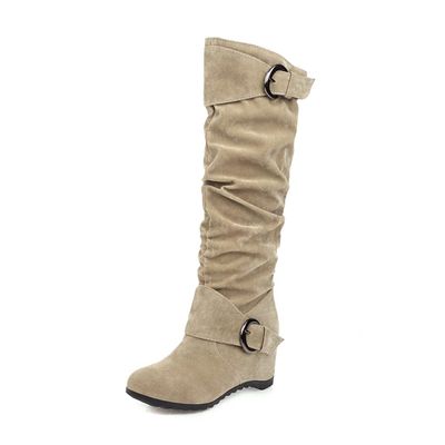 Bcshiye Women's Knee High Low Hidden Wedge Boots Buckle Straps Comfort Wide Calf Flat Slouch Cowboy Cowgirl Long Boots