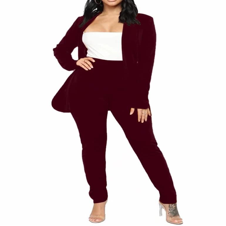 Women's Business Blazer Pant Suit Set for Work 2 Piece Outfits Burgundy XX-Large