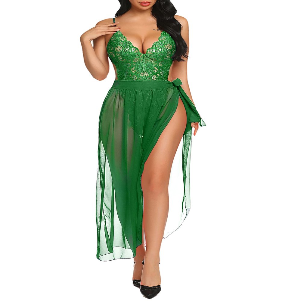 Avidlove Women One Piece Lingerie Deep V Lace Bodysuit Mosaic Lace Teddy Mesh Skirt (Forest Green, XX-Large)