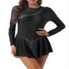 JEEYJOO Womens Sparkling Ice Skating Dance Dress See-Through Mesh Patchwork Leotard Dresses Figure Skating Black Large view 1