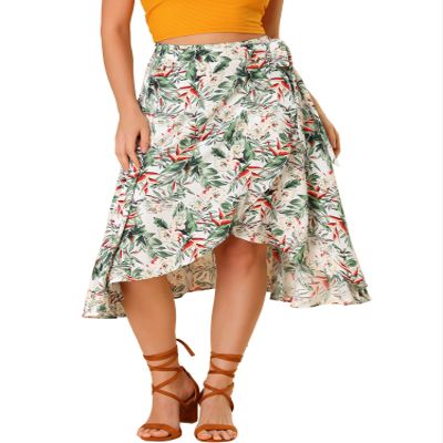 Allegra K Floral Skirt for Women's Hawaiian Tropical Beach Boho Wrap Midi Skirt Large White