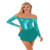XUNZOO Women's Sheer Mesh Patchwork Rhinestone Figure Ice Skating Dress Shiny Metallic Long Sleeve Lyrical Dance Leotard Green Large view 1