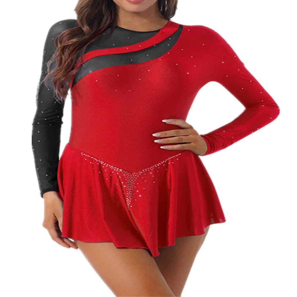 JEEYJOO Womens Sparkling Ice Skating Dance Dress See-Through Mesh Patchwork Leotard Dresses Figure Skating Red&Black Large