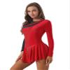 JEEYJOO Womens Sparkling Ice Skating Dance Dress See-Through Mesh Patchwork Leotard Dresses Figure Skating Red&Black Large view 2