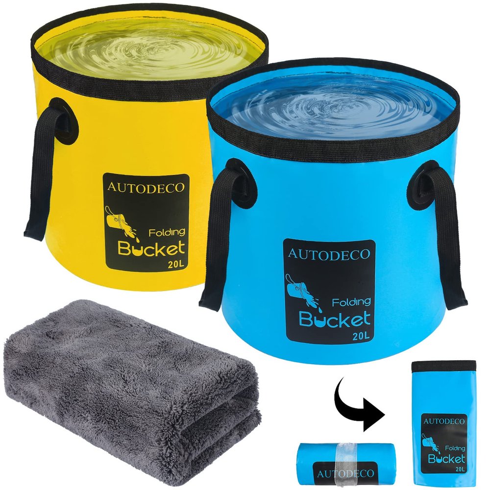 AUTODECO 2 Pack Collapsible Bucket 5 Gallon Container Folding Water Bucket Portable Wash Basin for Outdoor Travelling Camping Fishing Gardening Car Washing Blue and Yellow 20L