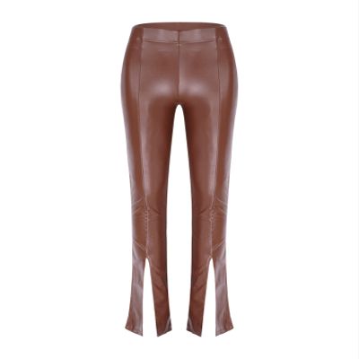 vastwit Women's Faux Leather Bell Botom Flare Pants Split Hem Solid Color Pu Trousers Streetwear Brown Large