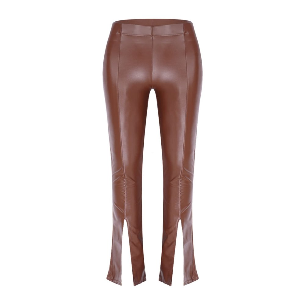 vastwit Women's Faux Leather Bell Botom Flare Pants Split Hem Solid Color Pu Trousers Streetwear Brown Large