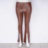 vastwit Women's Faux Leather Bell Botom Flare Pants Split Hem Solid Color Pu Trousers Streetwear Brown Large view 2