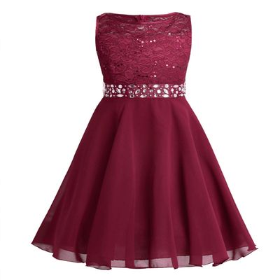 Daenrui Kids Flower Girls Sleeveless Floral Lace Shiny Rhinestone Tulle Dress Wedding Party Ball Gown Red 10 Years