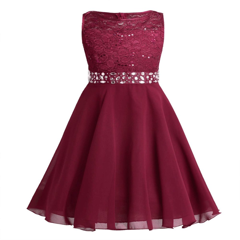 Daenrui Kids Flower Girls Sleeveless Floral Lace Shiny Rhinestone Tulle Dress Wedding Party Ball Gown Red 10 Years