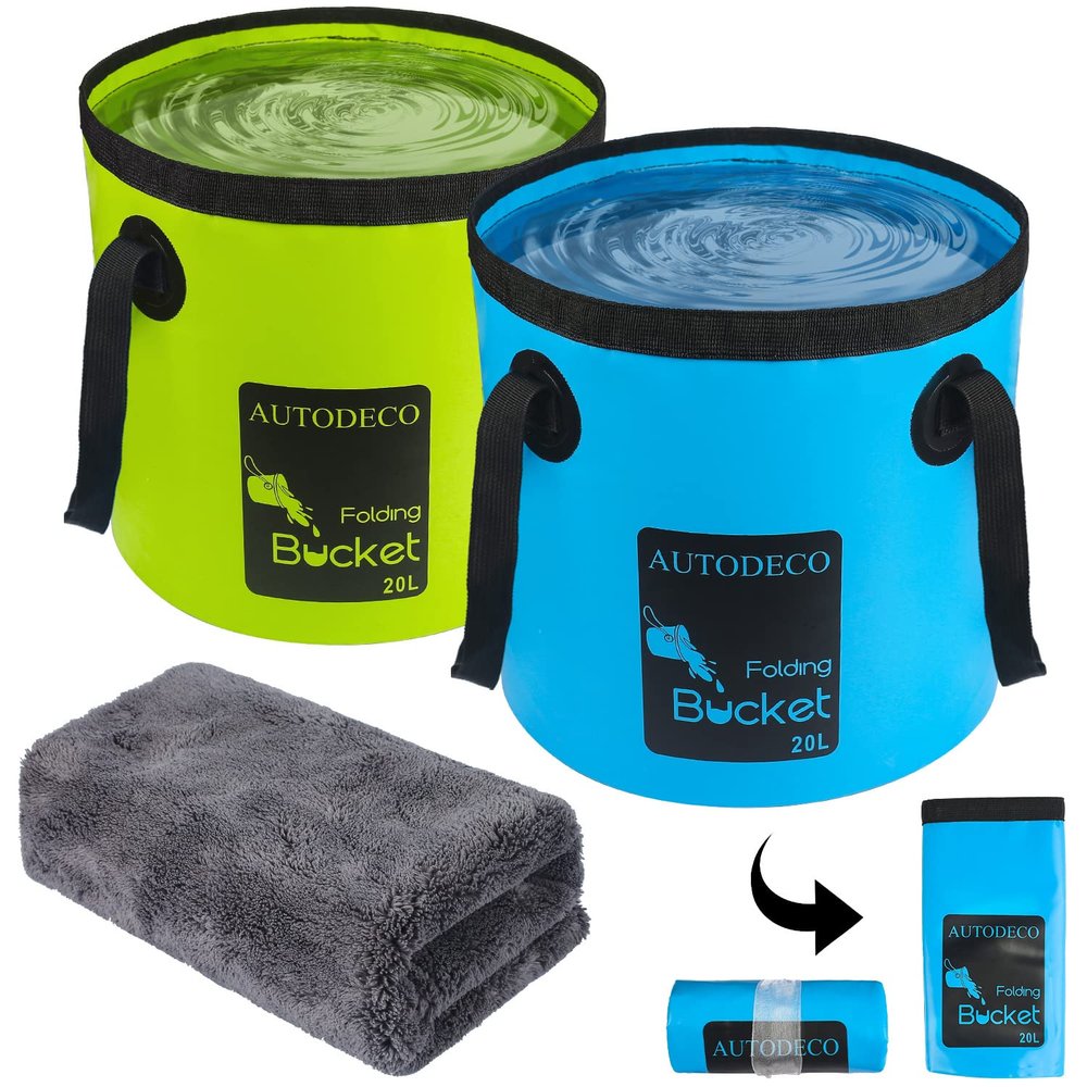AUTODECO 2 Pack Collapsible Bucket 5 Gallon Container Folding Water Bucket Portable Wash Basin for Outdoor Travelling Camping Fishing Gardening Car Washing Blue and Green 20L