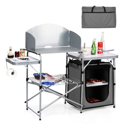 Giantex Folding Grill Table with 26'' Tabletop and Detachable Windscreen, Aluminum Portable Camp Cook Station Carry Bag Quick Set-up, BBQ Camping Picnic Backyard Outdoor Camping Kitchen Table (Grey)