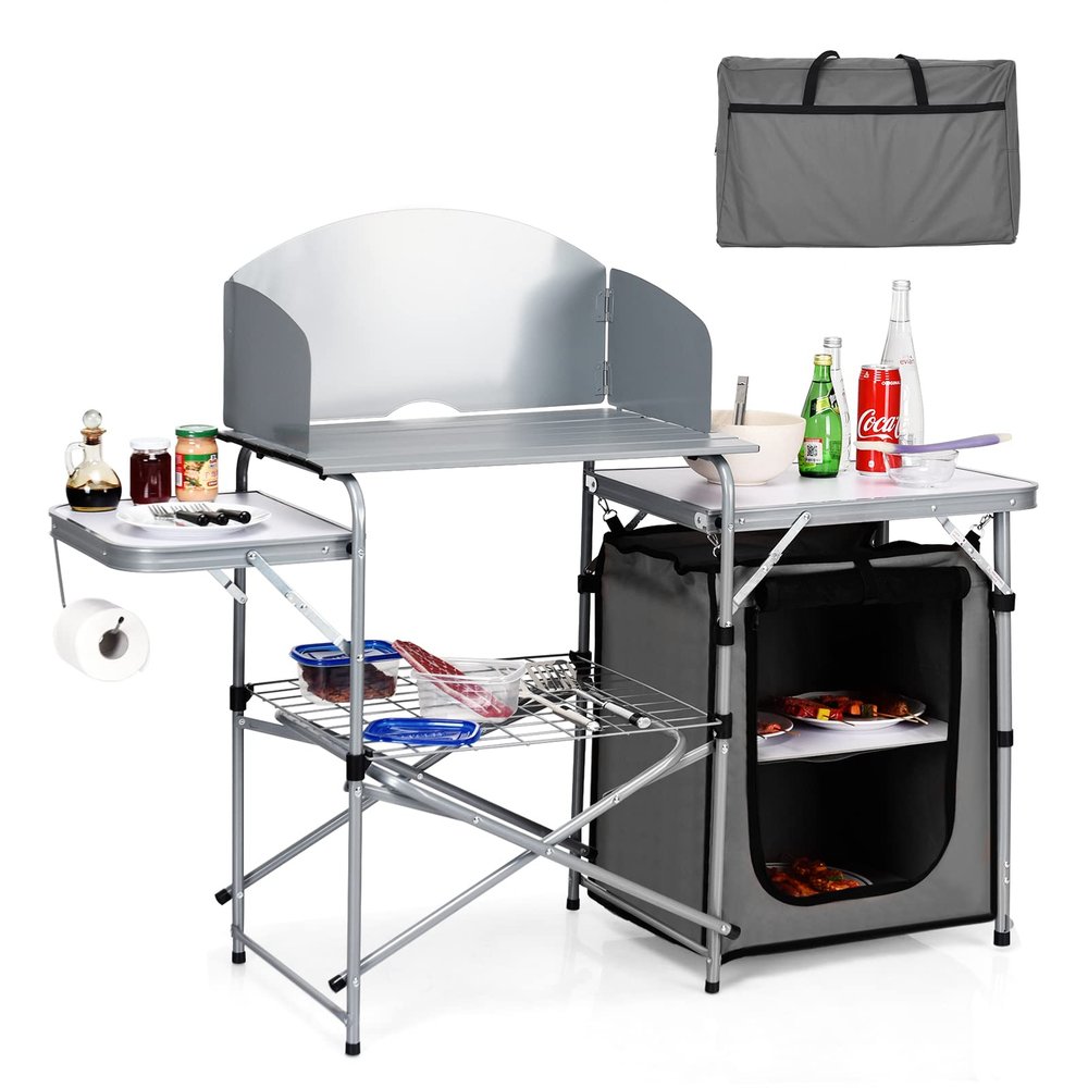 Giantex Folding Grill Table with 26'' Tabletop and Detachable Windscreen, Aluminum Portable Camp Cook Station Carry Bag Quick Set-up, BBQ Camping Picnic Backyard Outdoor Camping Kitchen Table (Grey)