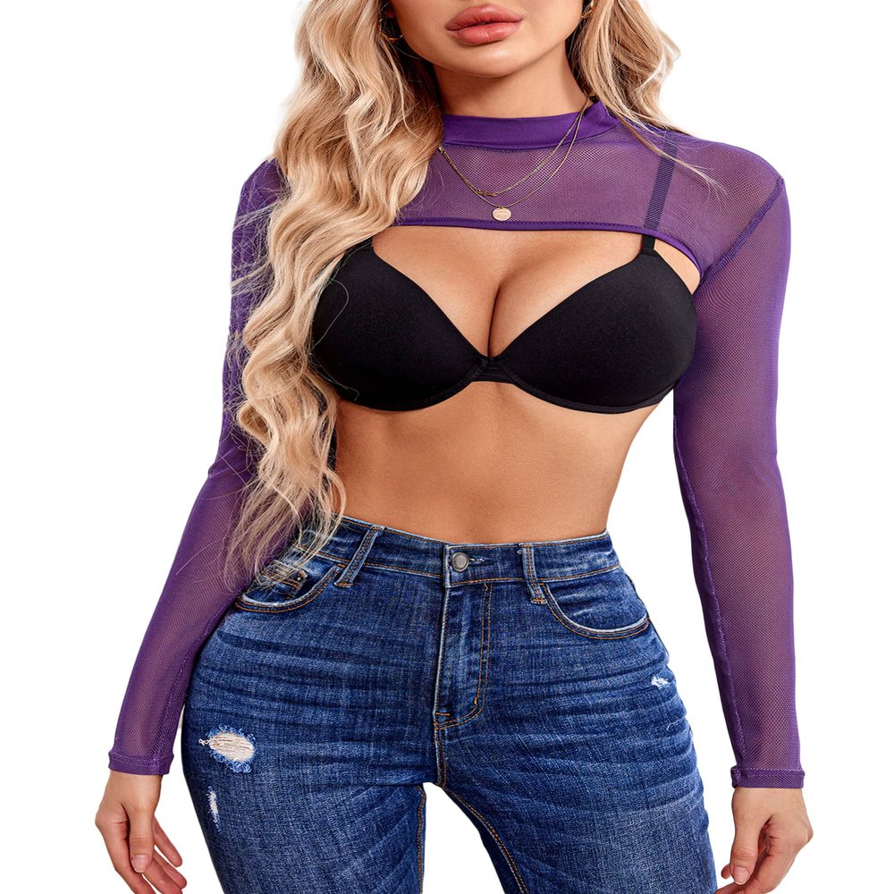 Avidlove Sheer Top for Women Long Sleeve Rave Top Sexy Halloween Costume Crop Top(Purple, M)