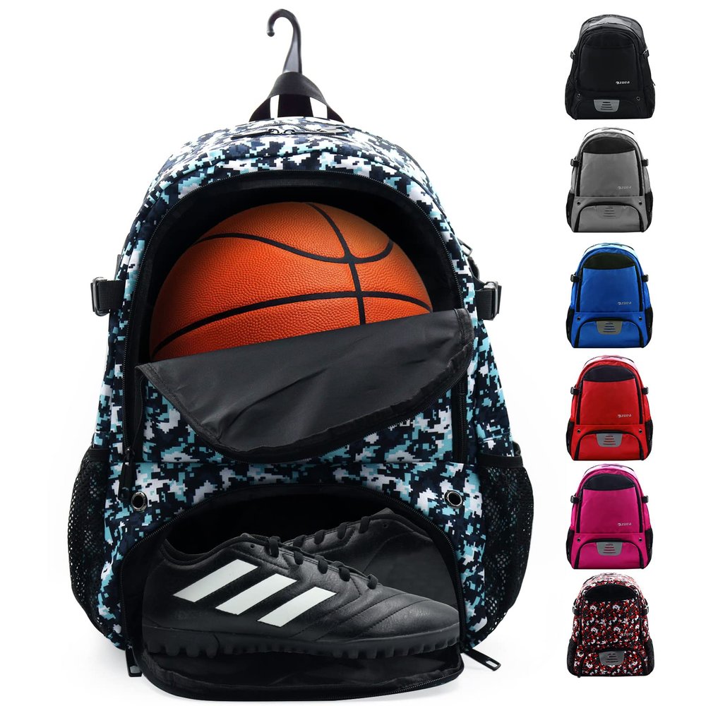 ZOEA Large Basketball Bag - Backpack for Basketball, Soccer & Volleyball Football Gym Includes Shoe & Ball & Laptop Compartment (Camouflage Blue)