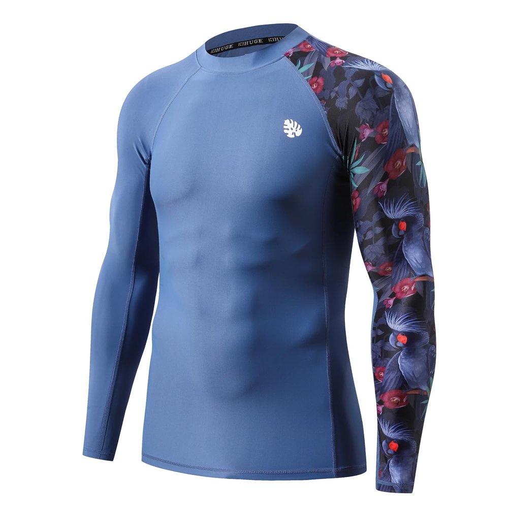 ADOREISM Men's Splice Compression Long Sleeve Rash Guard Surf Swim Shirt UV Sun Protection UPF 50+ (Blue Bird,2XL)