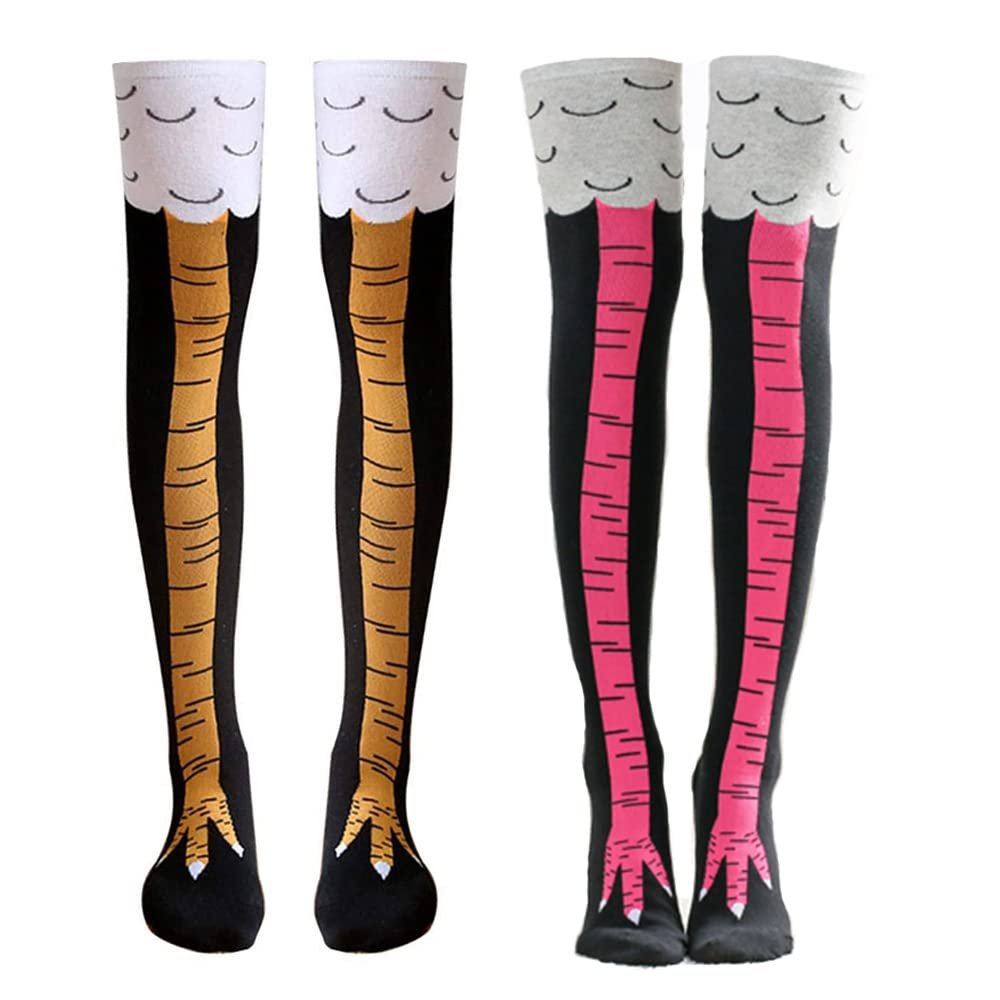 Chicken Legs Socks Women Knee-High Thigh-High Socks Crazy Funny Novelty Fashion Creative Chicken Toe Feet Cosplay Knee Socks Under Knee Stovepipe Socks Gifts (2 Pair Yellow +rose Red)