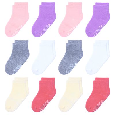 HYzgb Toddler Socks Girls 3t-4t-5t Cotton Crew Little Kids Socks with Non-slip Grips 12 Pairs for Children with Colorful design 3-4-5 Years Old White/Gray/Purple/Pink/Yellow