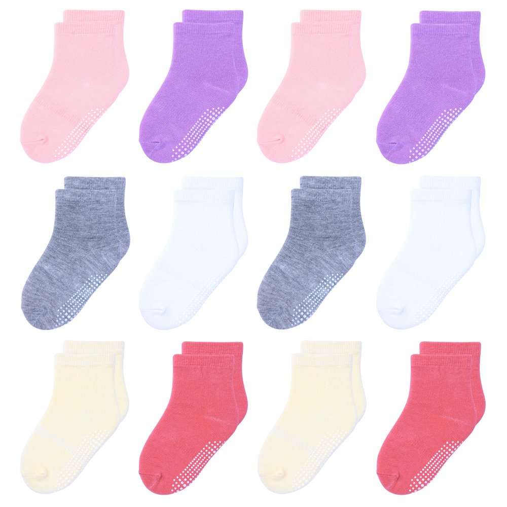 HYzgb Toddler Socks Girls 3t-4t-5t Cotton Crew Little Kids Socks with Non-slip Grips 12 Pairs for Children with Colorful design 3-4-5 Years Old White/Gray/Purple/Pink/Yellow