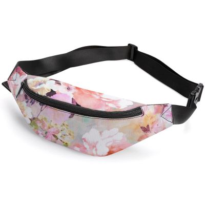 Fanny Packs,Romantic pink teal watercolor chic floral pattern Fanny Pack Waterproof Fashion Waist Pack Belt Bag with Adjustable Strap for Women Men Outdoors Casual Traveling Running Hiking Cycling