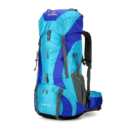 Hiking Backpack for Men and Women 70L+5L Waterproof Lightweight Camping Daypack with Rain Cover for Outdoor Travel Mountaineering - Frameless (Blue)
