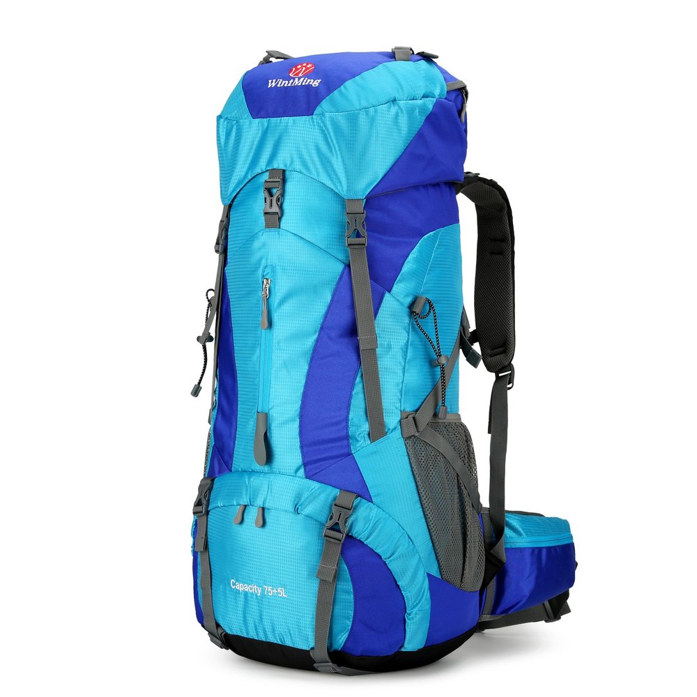 Hiking Backpack for Men and Women 70L+5L Waterproof Lightweight Camping Daypack with Rain Cover for Outdoor Travel Mountaineering - Frameless (Blue)