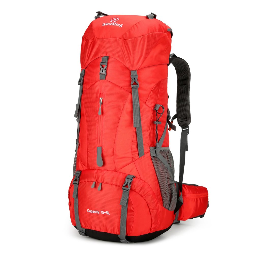 Hiking Backpack for Men and Women 70L+5L Waterproof Lightweight Camping Daypack with Rain Cover for Outdoor Travel Mountaineering - Frameless (Red)