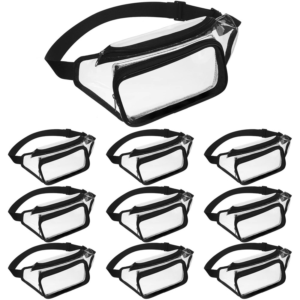 10 Pcs Clear Fanny Packs, Waterproof Clear Waist Bag Transparent Stadium Approved Purse Cute Adjustable Belt Bag Portable Waist Pack for Men Women Sports Travel Beach Concerts Events (Black)