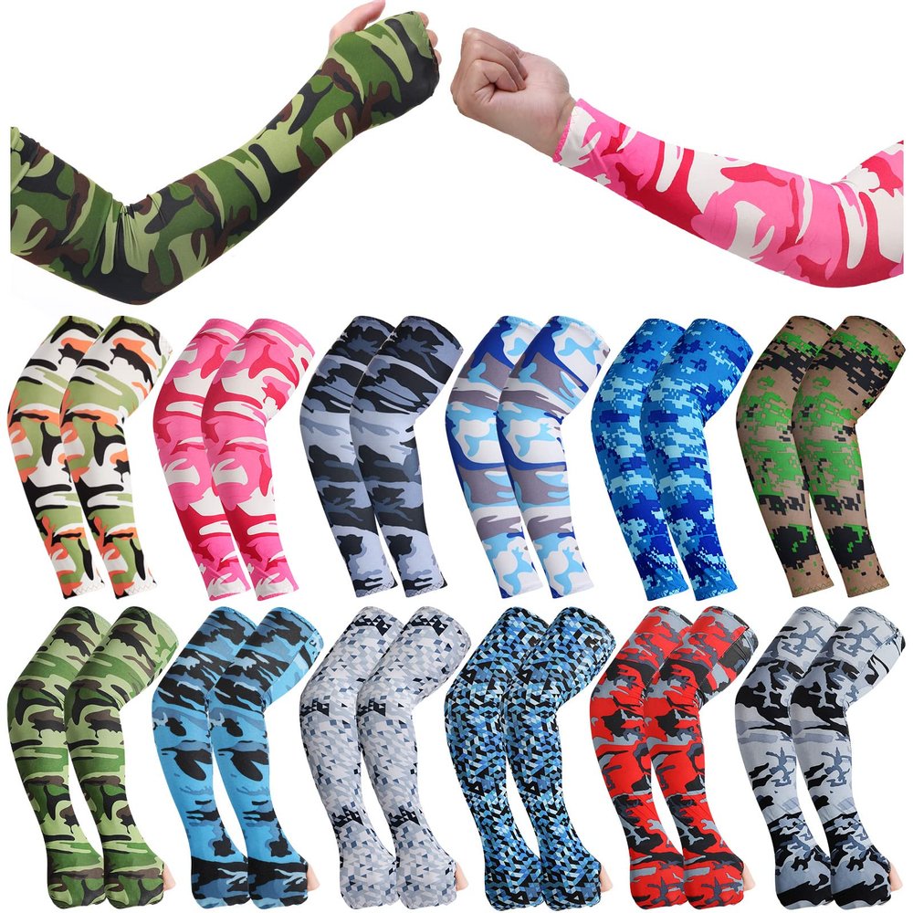 Syhood 12 Pairs Cooling Arm Sleeves UV Protection Sun Sleeves for Women Men Outdoor Sports Running Golf Cycling (Camouflage Pattern)