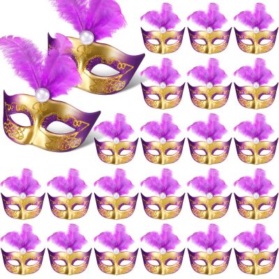 Charniol 24 Pcs Mardi Gras Masks Mini Masquerade Small Mask Dress Up Cake Toppers Decorative Venetian Centerpiece Party Decor (Purple)
