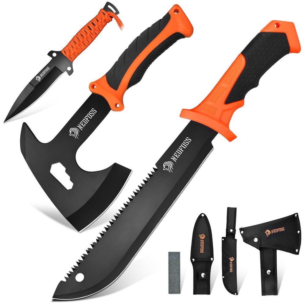 NedFoss 15 Inch Machete, 10 Inch Camping Axes and Hatchets Machetes Knife Set with Shock Reduction Handle, Machete for Yard Work Cutting Trees Heavy Duty Bushcraft Garden Clearing Survival Gifts